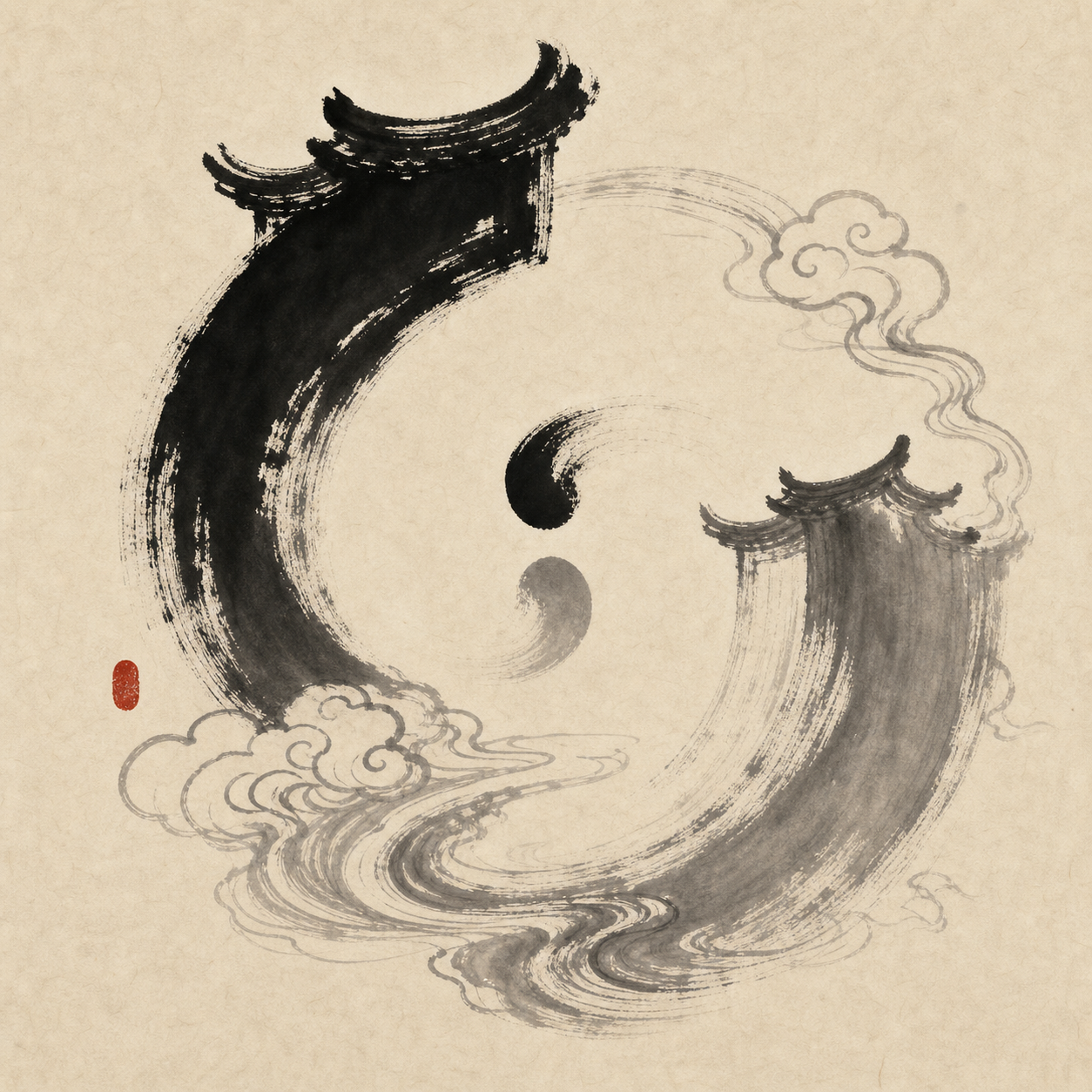 门形笔势与云水相向开合的阴阳意象